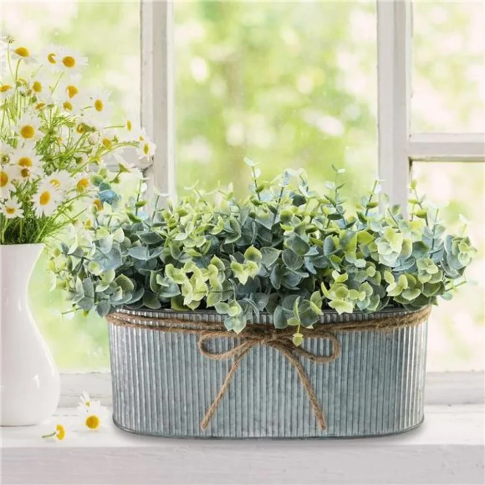 Artificial eucalyptus arrangement rustic galvanized planter farmhouse table deco